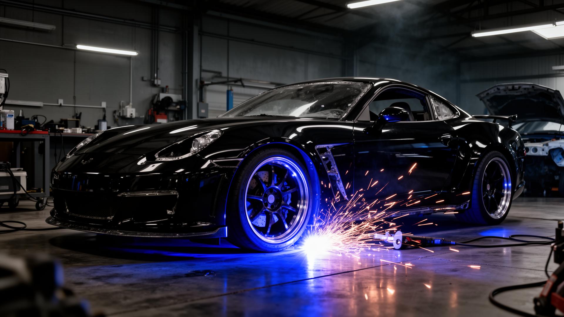 Sports car under restoration with sparks flying